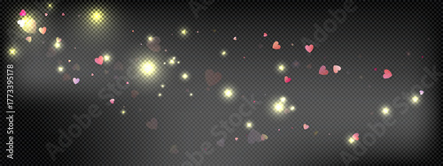 Heart love vector background. Valentine frame. Pink hearts confetti. Scattered love symbols. Random falling heart shape transparent black background. Beautiful Invitation Greeting Card Illustration.