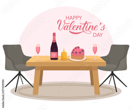 Happy Valentine's day holiday table pink heart cake champagne glasses romantic candle
