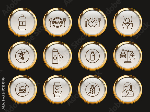 nutrition gold rimmed icons. nutrition gold rimmed icons for web and ui design, mobile apps, print polygraphy and promo advertising business