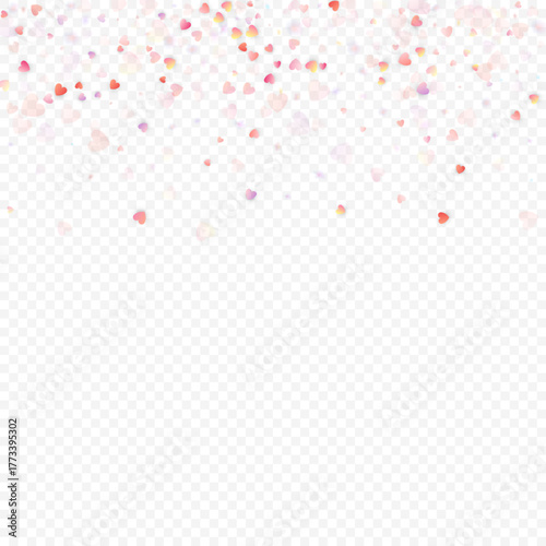 Heart love vector background. Valentine frame. Pink hearts confetti. Scattered love symbols. Random falling heart shape on transparent background. Beautiful Invitation, Greeting Card Illustration.