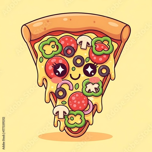 Cute Pizza Slice Cartoon Character with Toppings and Smiling Face.