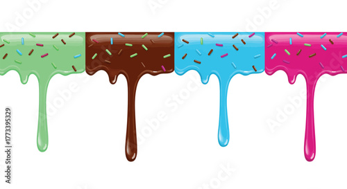 Colorful Melting Ice Cream Drips with Sprinkles in a Row