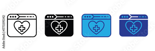 Set of four icons representing online healthcare, including a heart with a plus sign inside a browser window