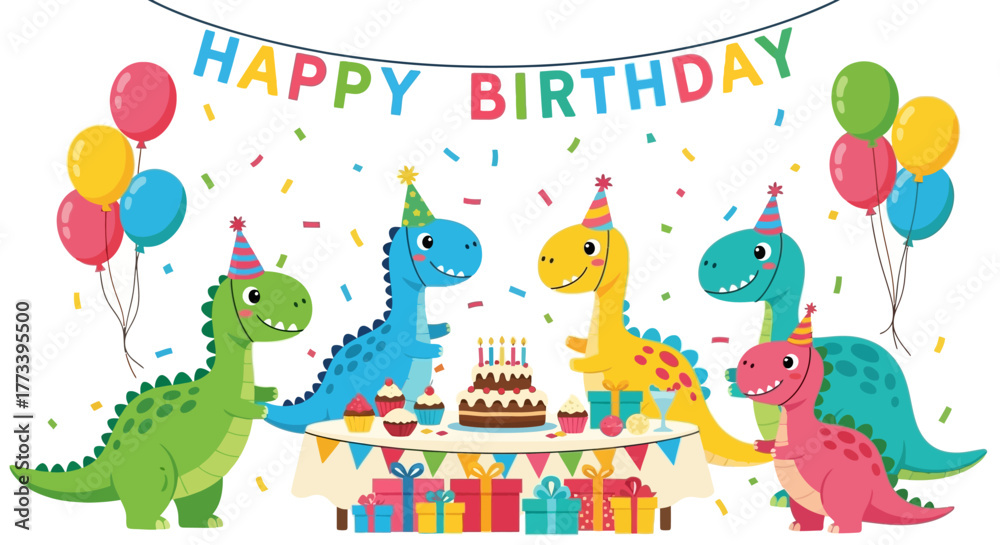 Obraz premium A cheerful group of colorful cartoon dinosaurs celebrates a festive birthday party with cake, balloons, presents, and confetti, ideal for children's themed events