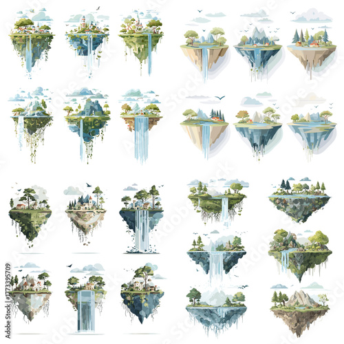 Watercolor floating island illustration set with waterfalls, trees, and mountains. Fantasy world landscape concept perfect for game design, storytelling, and imaginative artwork.