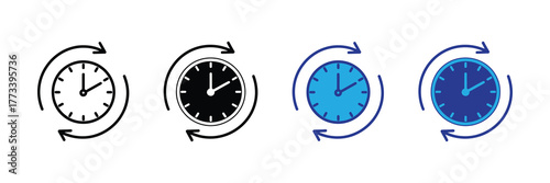 Set of four clock icons with circular arrows indicating time or refresh, isolated on white background