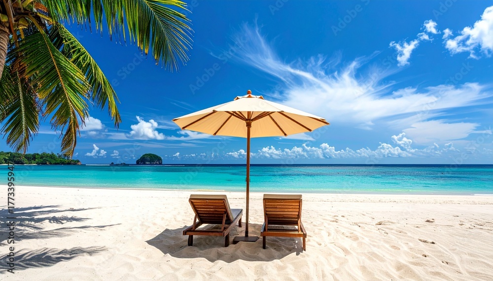 Obraz premium Relaxing beach scene with lounge chairs, umbrella, palm tree, and clear blue sky