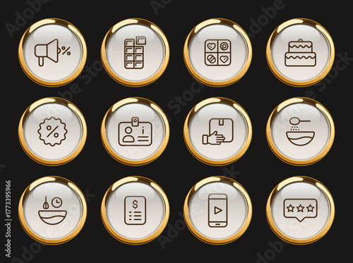 sweet shop gold rimmed icons. gold rimmed sweet shop gold rimmed icons for web and ui design, mobile apps, print polygraphy and promo advertising business
