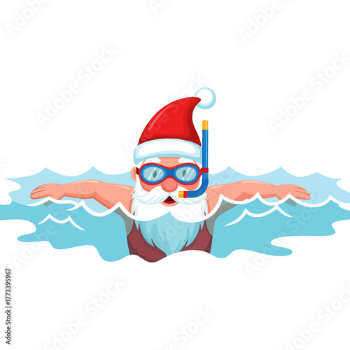 Jolly Santa Claus enjoying a refreshing swim, wearing goggles and snorkel for summer holiday fun