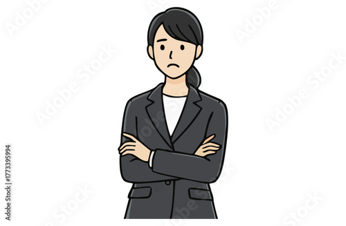 困った表情で腕組みするビジネスウーマン（上半身・シンプルカラー）