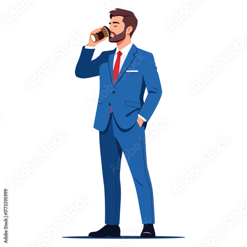 Professional businessman enjoys morning coffee, wearing elegant blue suit and red tie, taking a break