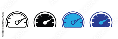 Set of four speedometer icons in different styles outline, solid black, blue, and dark blue, isolated on white background