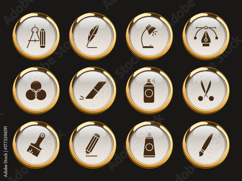 art tools gold rimmed icons. art tools gold rimmed icon set for web, mobile apps, ui design, print polygraphy and promo advertising business