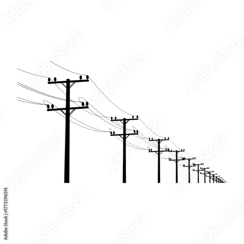 Row of black silhouette electricity poles with wires receding into distance, isolated on white background