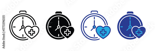 Set of four stopwatch icons with a heart and cross symbol, isolated on white background