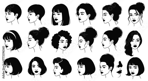 Set of diverse woman hairstyles line art illustration of various trendy haircuts isolated on white background