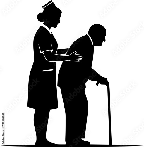 Black vector silhouette of a nurse aiding an elderly man with a cane. Design for healthcare websites, educational materials, or non-profit branding. EPS version.