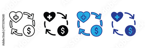 Healthcare and finance exchange icon with heart and dollar symbol and circular arrows isolated on white background