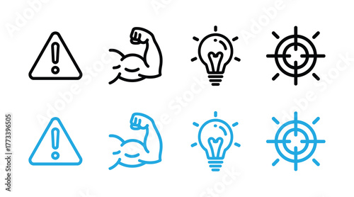 Set of four icons including a warning sign, a flexed bicep, a lightbulb, and a target, in black and blue outlines on a white background
