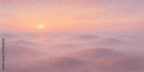 Dramatic mountain landscape at sunrise with orange clouds and glowing light