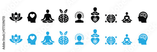 Collection of icons representing mindfulness, meditation, brain health, and selfcare in black and blue on a white background