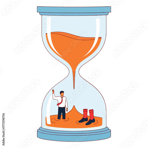 Businessman overwhelmed by rapidly diminishing time, struggling inside an hourglass, facing urgent deadlines