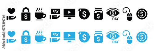 Collection of black and blue payment and finance icons, isolated on white background