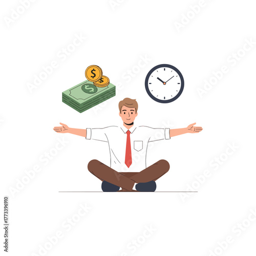 Man meditating, balancing financial resources and valuable time, concept of personal wealth and planning