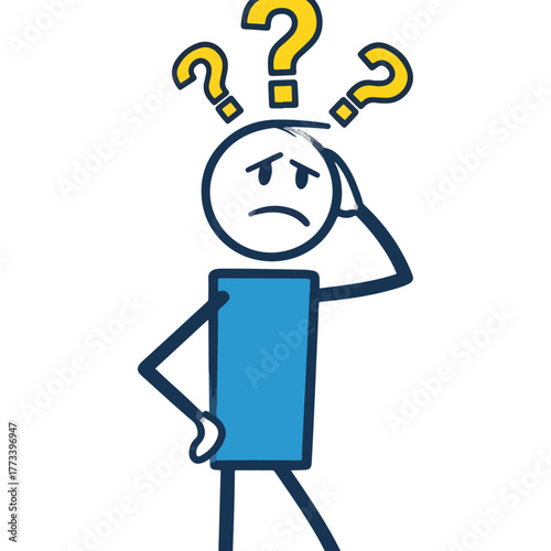 Simple stick figure illustration depicting confusion, a person thinking, question marks, problem solving concept