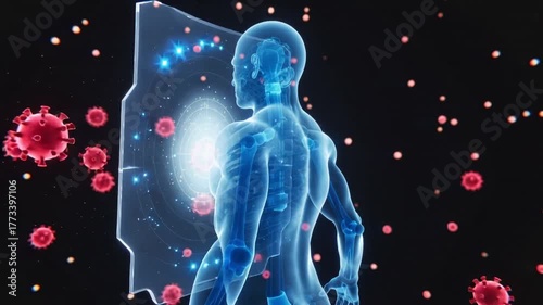 Digital holographic human body glowing with energy shield blocking virus cells, symbolizing strong immune system, defense, and protection concept in futuristic medical visualization.