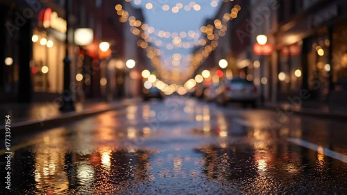 Rainy city street with bokeh lights at dusk, light reflections