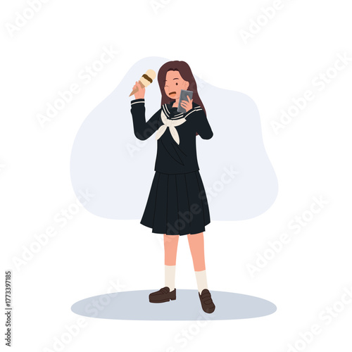 a japanese schoolgirl in seifuku outfit taking a cute selfie with her food showing kawaii culture and youth lifestyle in japan