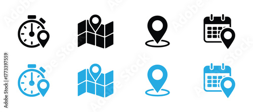Collection of four location and time icons, including stopwatch, map, pin, and calendar, in black and blue on white