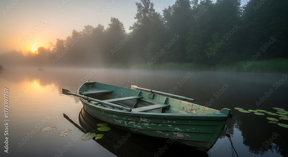 Obraz premium Serene morning boat on tranquil lake with misty atmosphere and sunrise glow.
