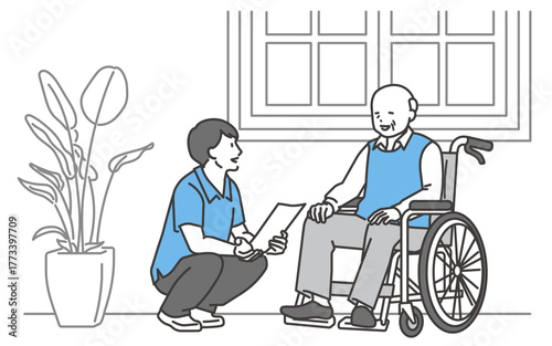 介護士と会話する車椅子のシニア男性のイラスト