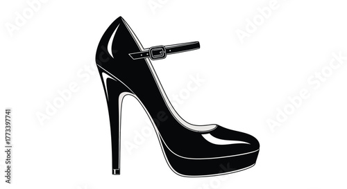 Elegant black high heel shoe classic Mary Jane style illustration isolated on white background