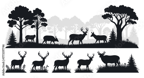 Silhouette of wild animals in a forest landscape illustration of deer boar and sheep in nature isolated on white background