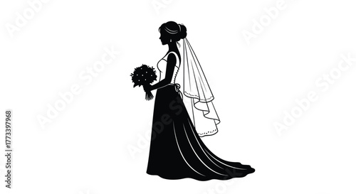 Elegant bride silhouette in a wedding dress holding a bouquet illustration isolated on white background