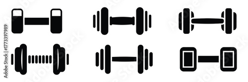 Collection of six black dumbbell icons representing different types of weights and fitness equipment, isolated on white background