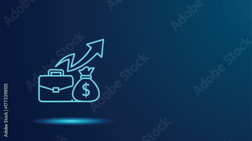 Glowing Neon Vector Icon Illustrating Digital Business Success, Financial Growth, and Investment Return, Featuring a Professional Briefcase, Dollar Money Bag, and Dynamic Upward Chart Arrow 