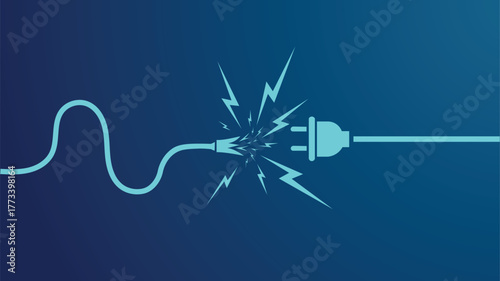 Abstract Neon Blue Electric Plug and Power Cord Disconnecting or Short Circuiting with Explosive Lightning Sparks on a Dark Gradient Background Illustrating Electrical Danger, Fault, and Cri
