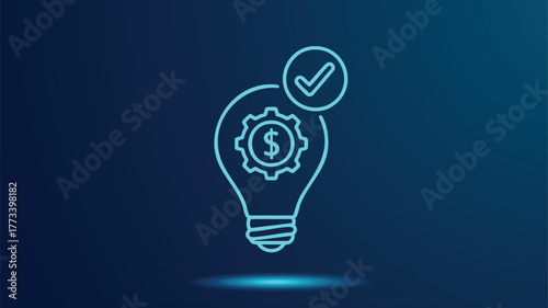 Digital Innovation and Profitable Strategy Icon: Neon Light Bulb Outline Featuring a Financial Gear Mechanism and Verified Checkmark Representing Approved Business Success