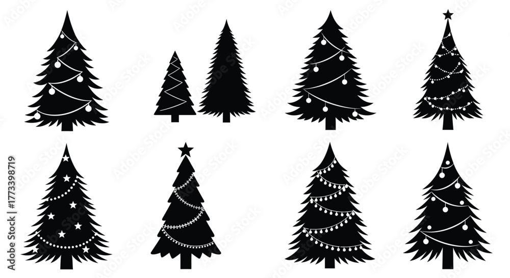 Obraz premium Christmas tree silhouettes vector set, black pine tree icons with festive decorations, holiday evergreen fir trees for winter greeting cards isolated on White Background