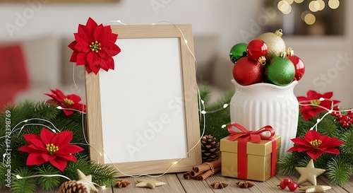 A framed empty photograph sits amidst Christmas decorations, ready for a festive memory.