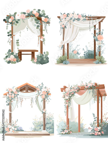 Elegant wedding arch illustration set with floral arrangements and draped fabrics. Romantic pastel decoration design for wedding invitation, ceremony backdrop, or event planner template.