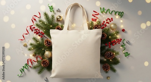 A blank canvas tote bag is decorated with festive holiday elements for a personalized gift.