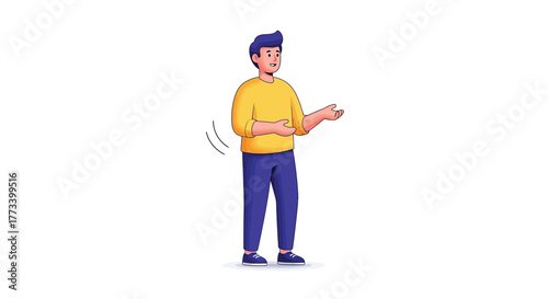 Illustration of a man gesturing with his hands wearing a yellow sweater and blue pants isolated on a white background