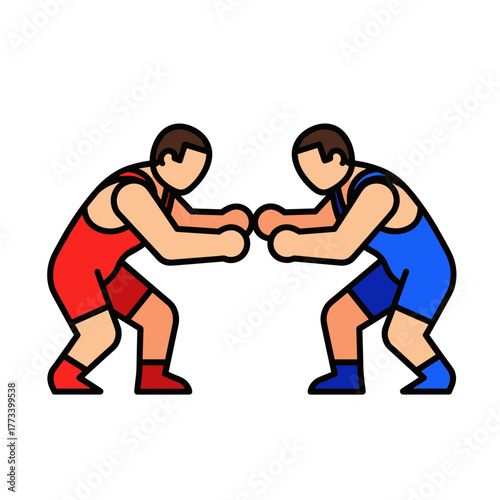 Two Cartoon Wrestlers in Red and Blue Uniforms Ready for a Match, Outline Vector