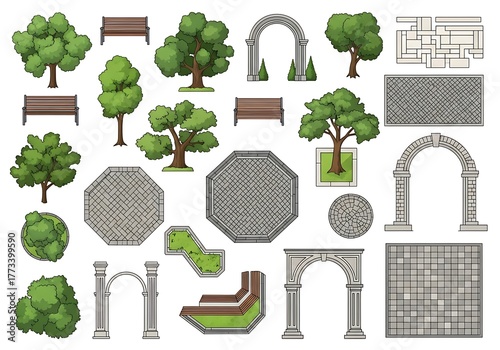 Collection of park and garden elements, trees, and arches isolated on white background