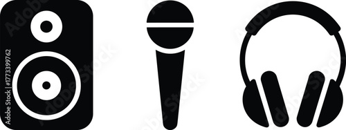 Black icons of speaker microphone and headphones audio